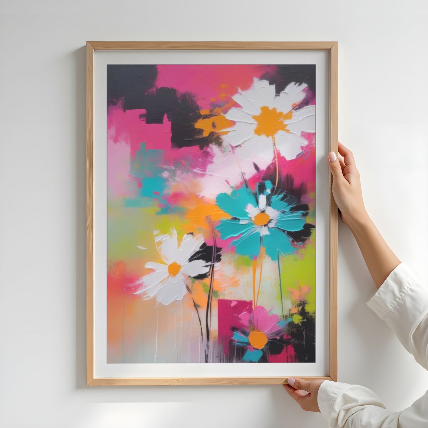 Innrammet Flower Party No1 blomsterplakat med moderne fargerikt kunstmotiv