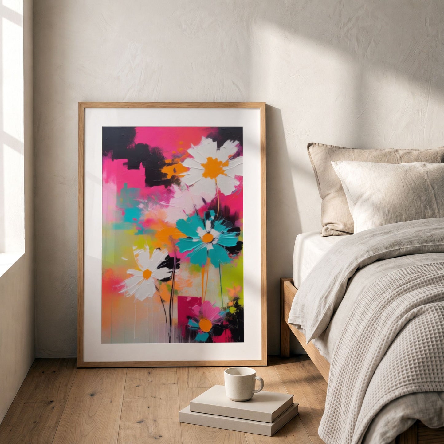 Flower Party No1 blomsterplakat plassert i lyst og moderne soverom