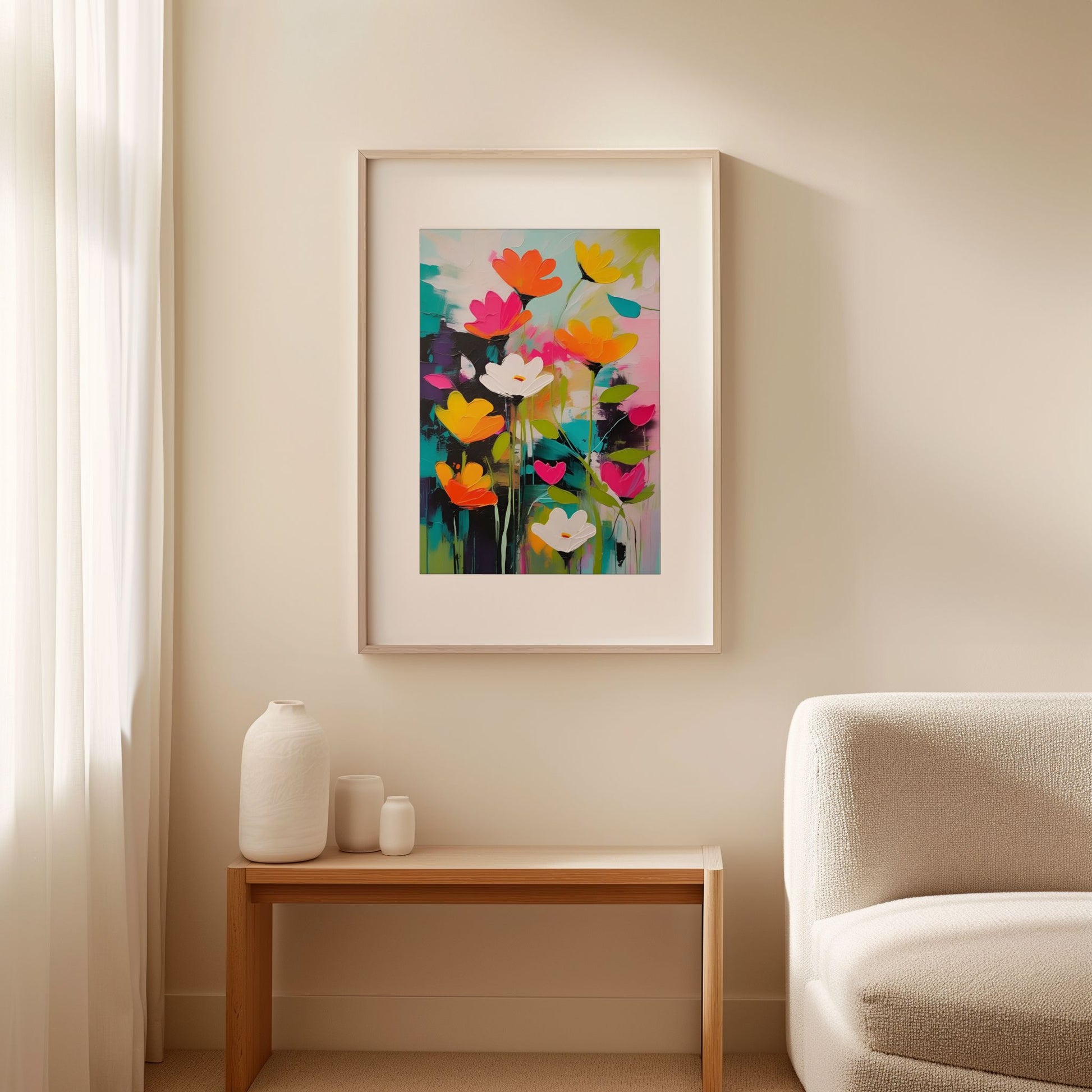 Flower Party No2 vist som innrammet blomsterplakat i lyst nordisk interiør