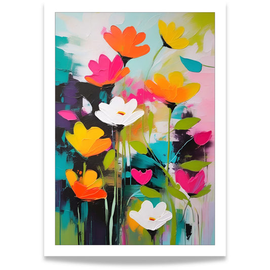 Flower Party No2 blomsterplakat med fargerike blomster i rosa, gult, turkis og hvitt