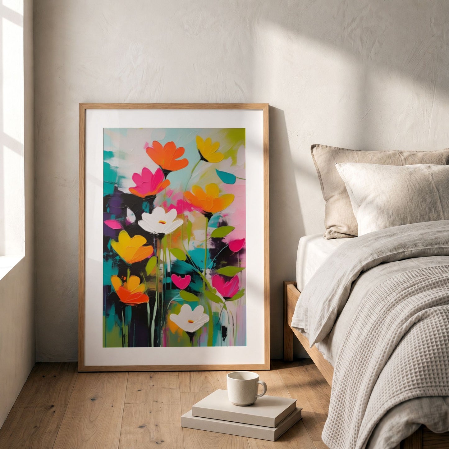Flower Party No2 blomsterplakat som fargerikt blikkfang i moderne soverom