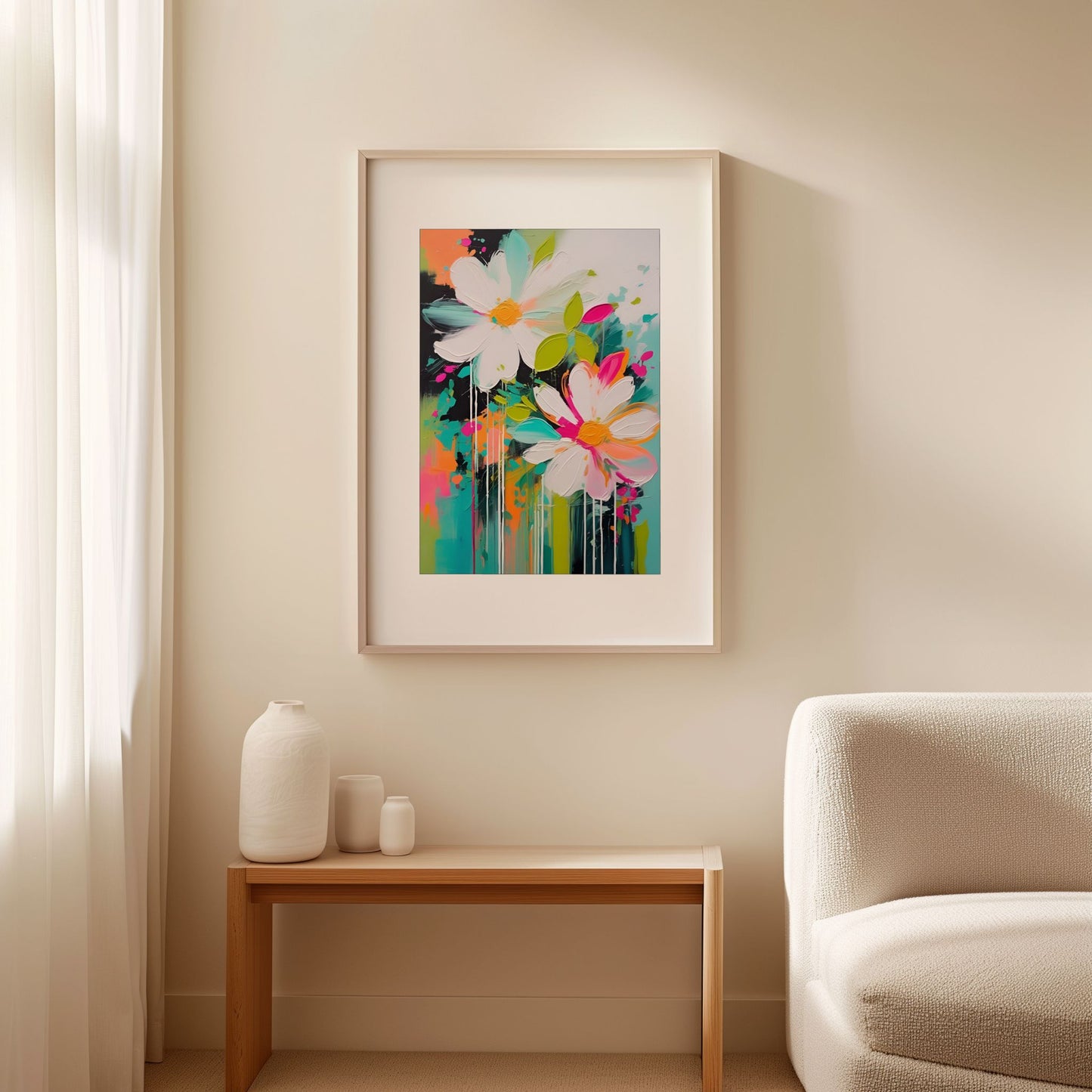 Flower Party No3 vist som innrammet blomsterplakat i lyst nordisk interiør