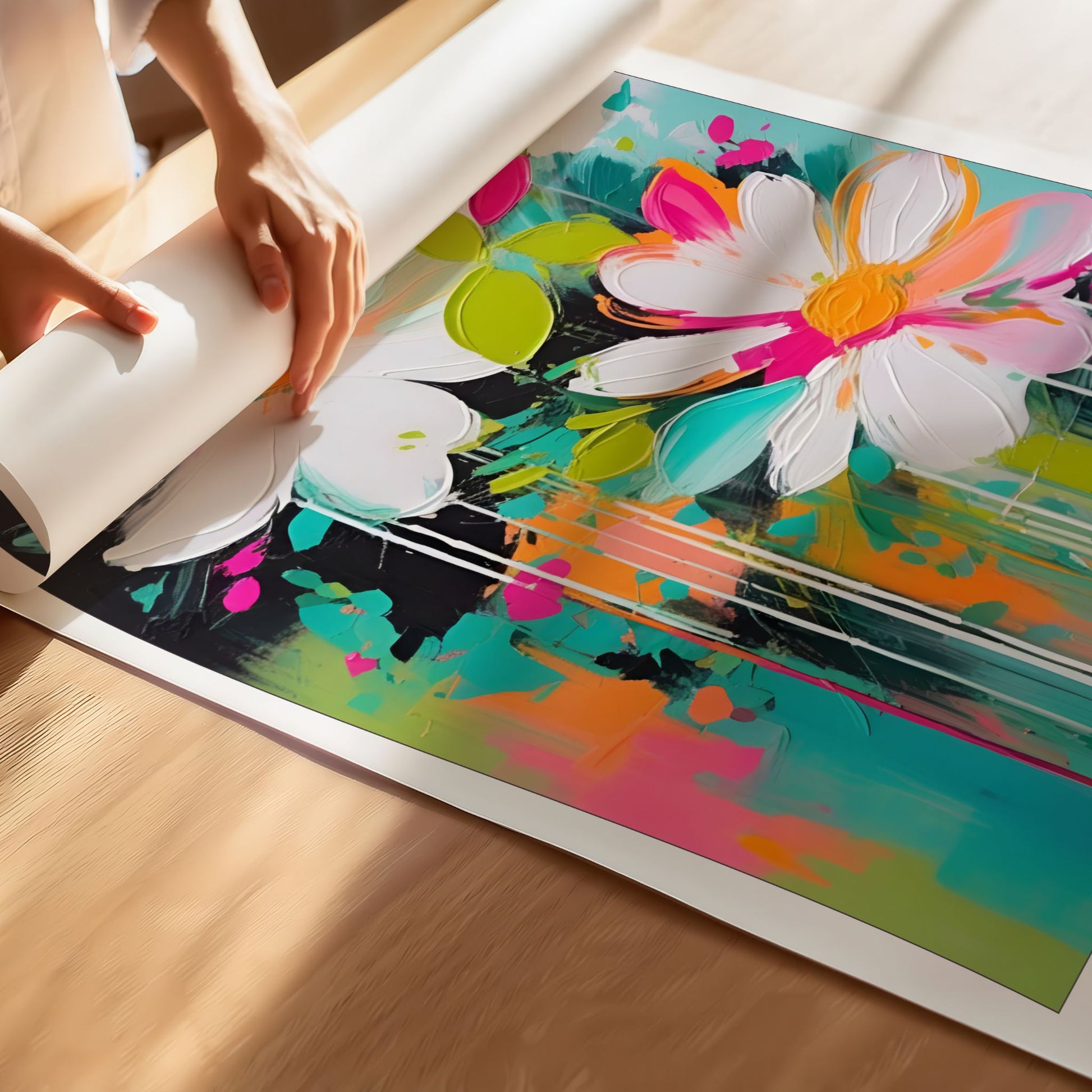 Detaljbilde av Flower Party No3 som viser penselstrøk, farger og kunstneriske detaljer