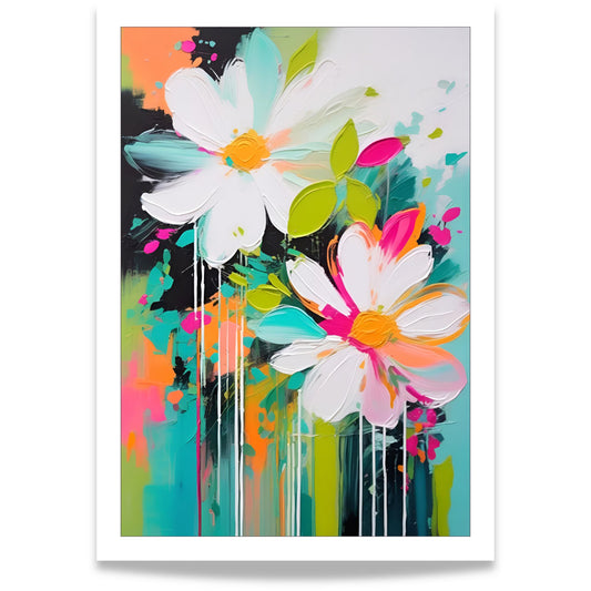 Flower Party No3 blomsterplakat med store hvite blomster i rosa, turkis og korallfargede toner