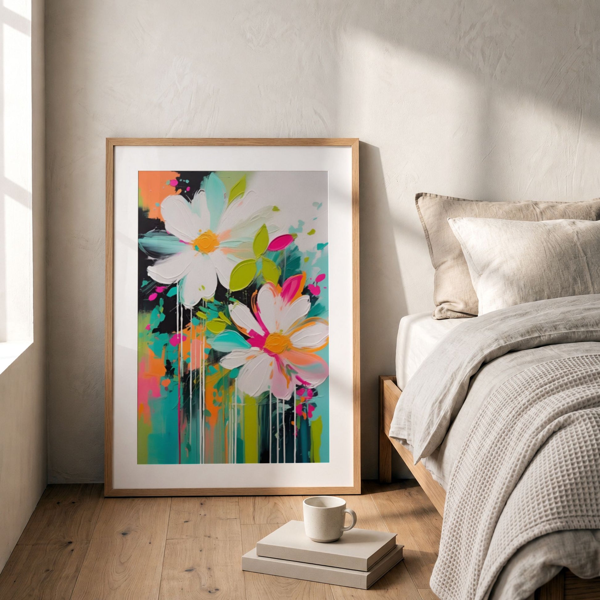 Flower Party No3 blomsterplakat som dekorativt blikkfang i moderne soverom