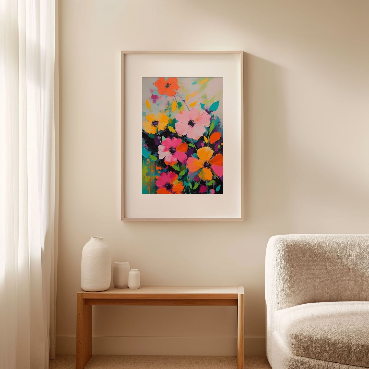 Flower Party No4 vist som innrammet blomsterplakat i lyst nordisk interiør