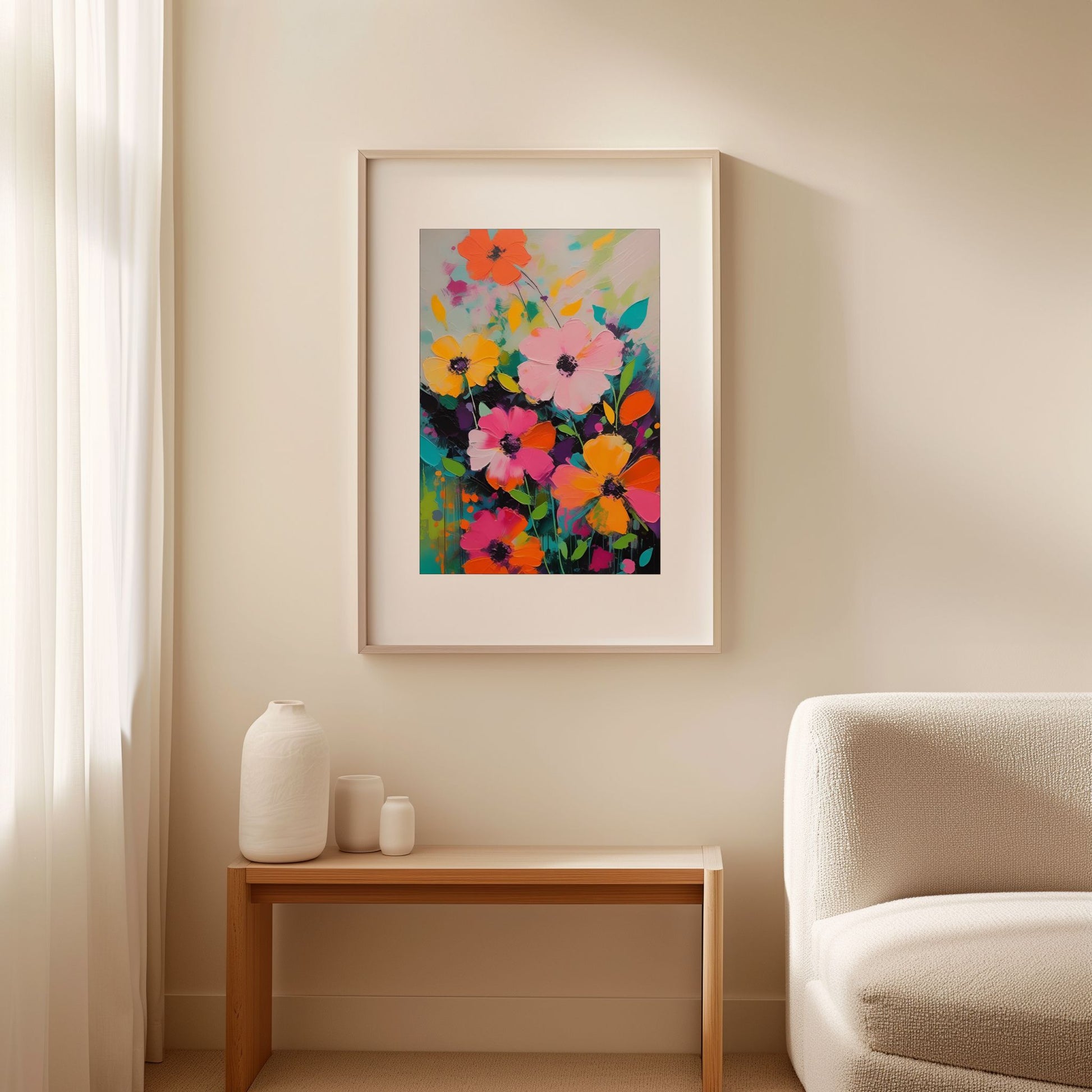 Flower Party No4 vist som innrammet blomsterplakat i lyst nordisk interiør