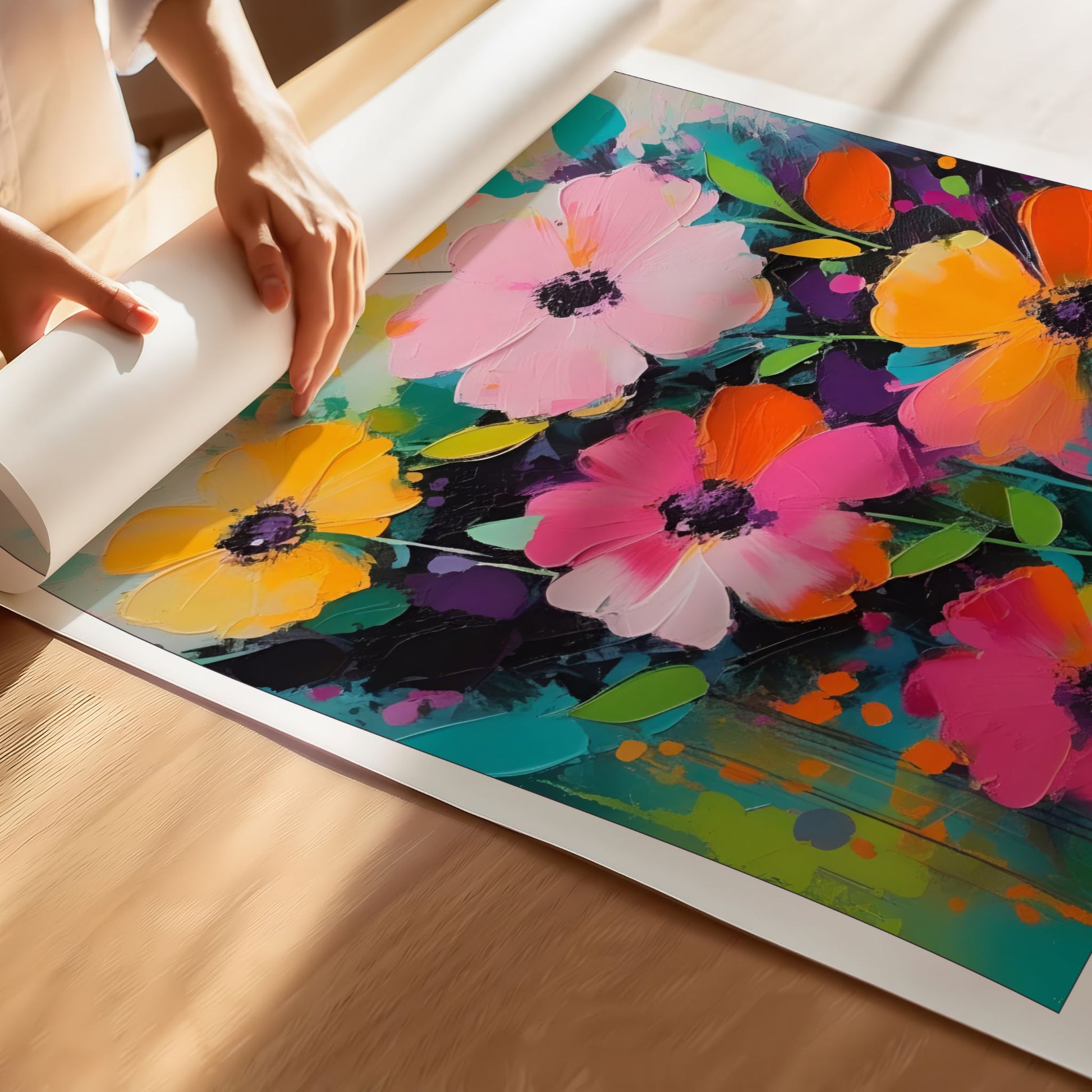Detaljbilde av Flower Party No4 som viser struktur, farger og penselstrøk