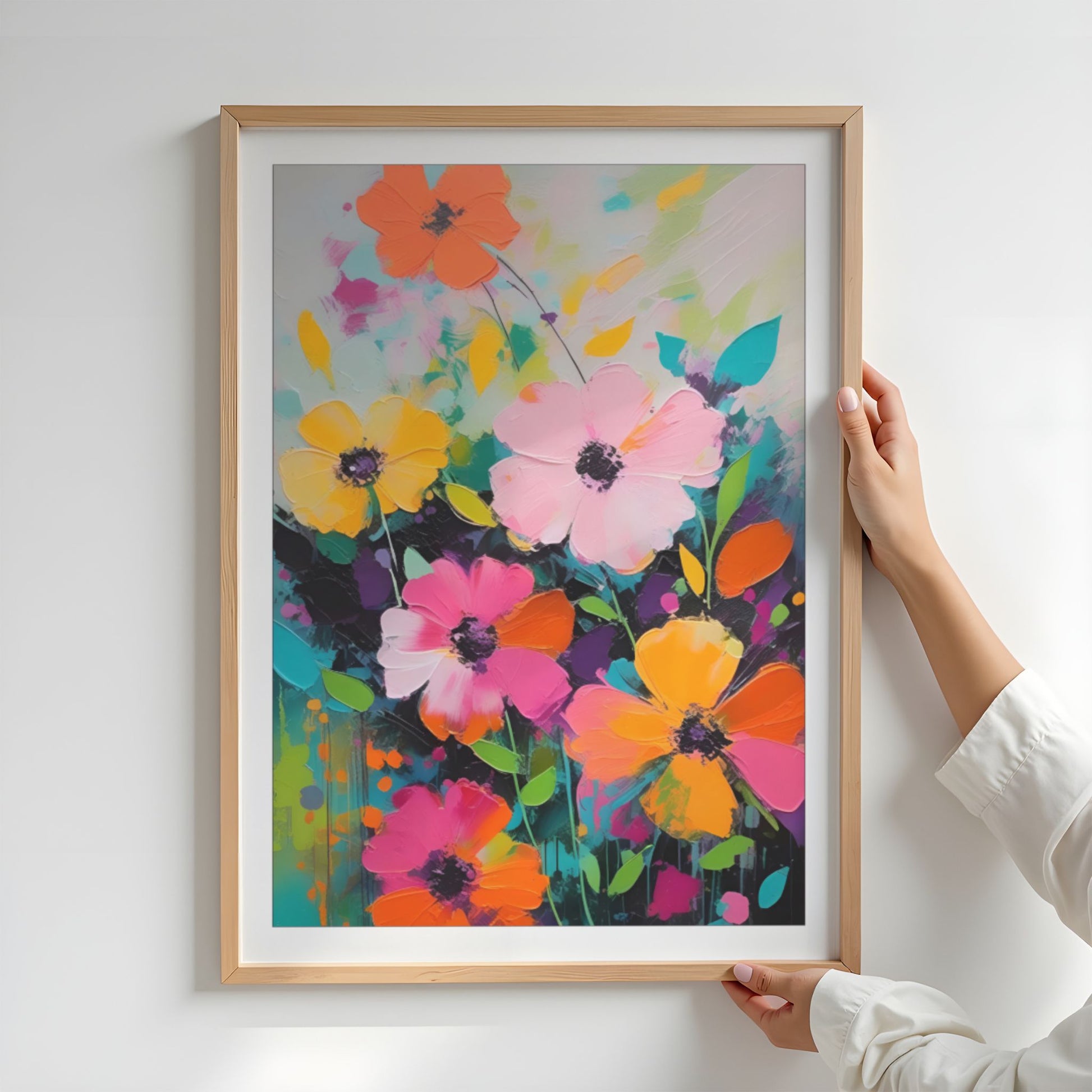 Innrammet Flower Party No4 med rosa, gule og korallfargede blomster