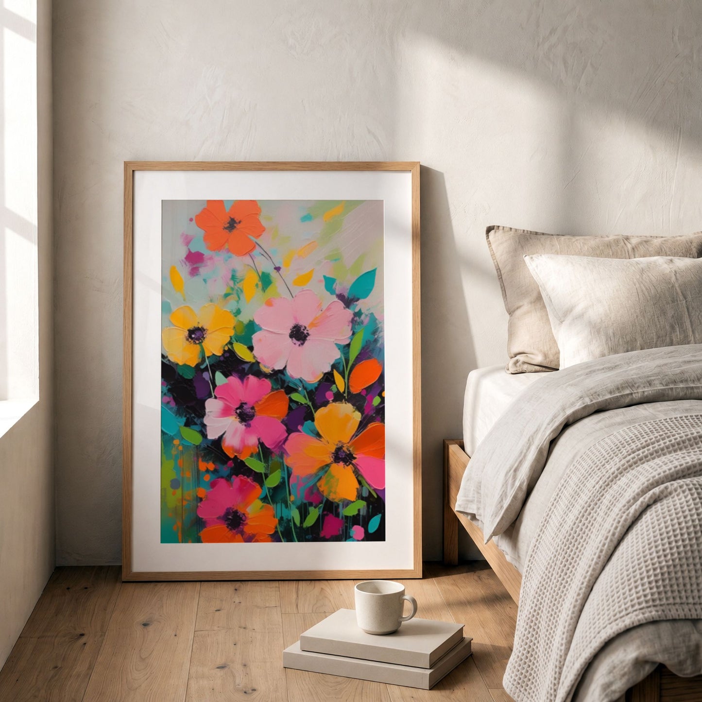 Flower Party No4 som dekorativ blomsterplakat ved seng i moderne soverom