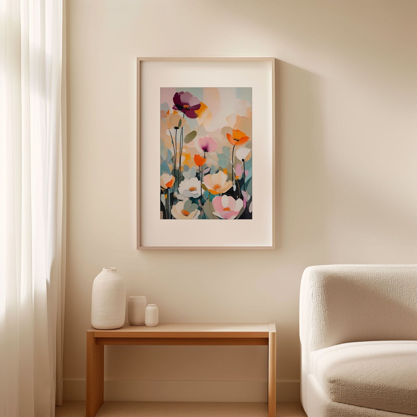Flower Party No5 vist som innrammet blomsterplakat i lyst nordisk interiør