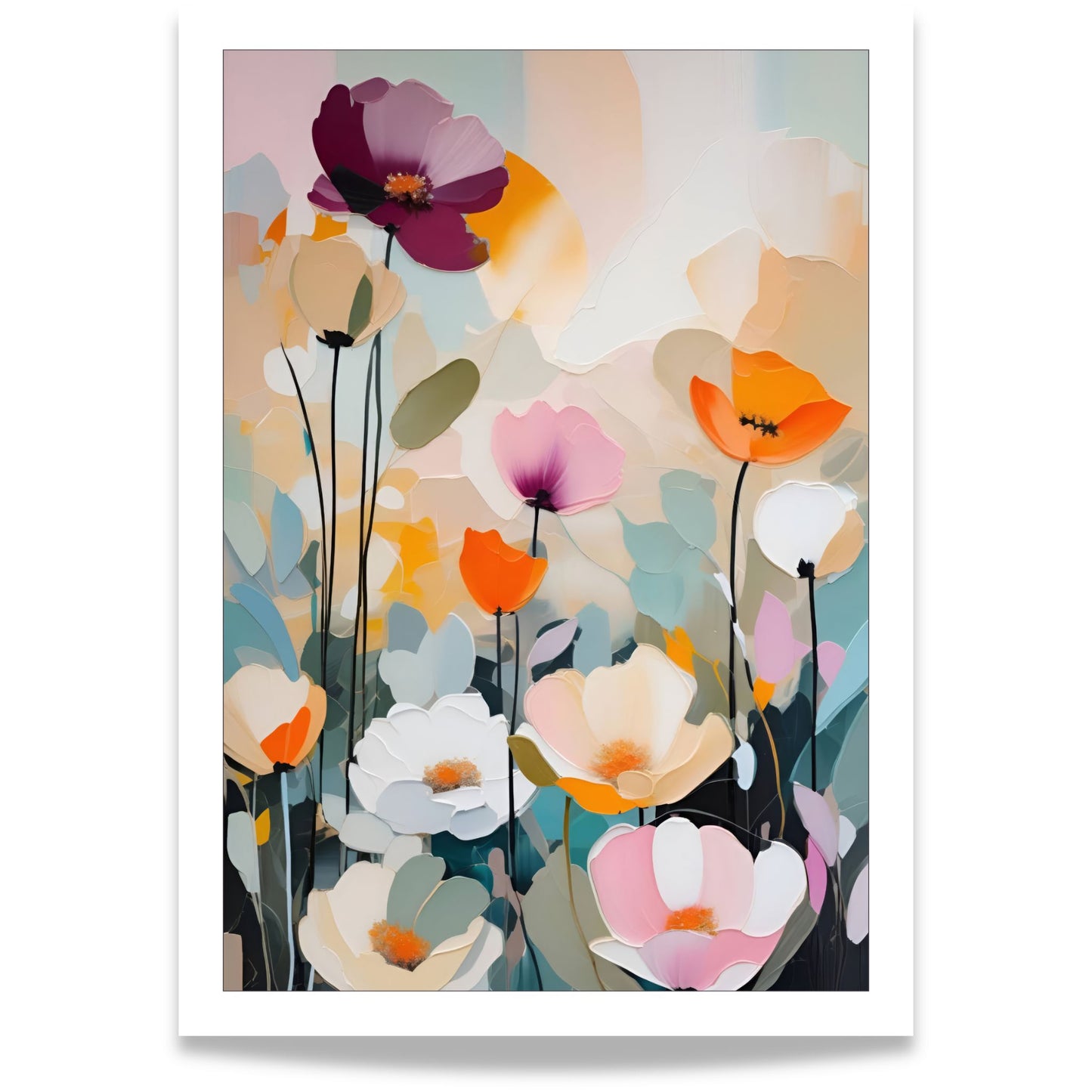 Flower Party No5 blomsterplakat med myke pastellfarger og moderne blomsterkunst