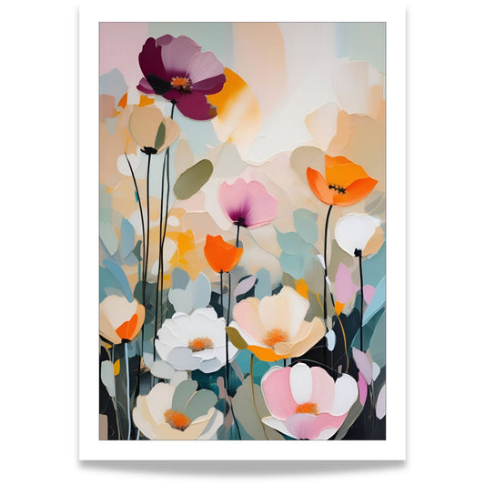 Flower Party No5 blomsterplakat med myke pastellfarger og moderne blomsterkunst