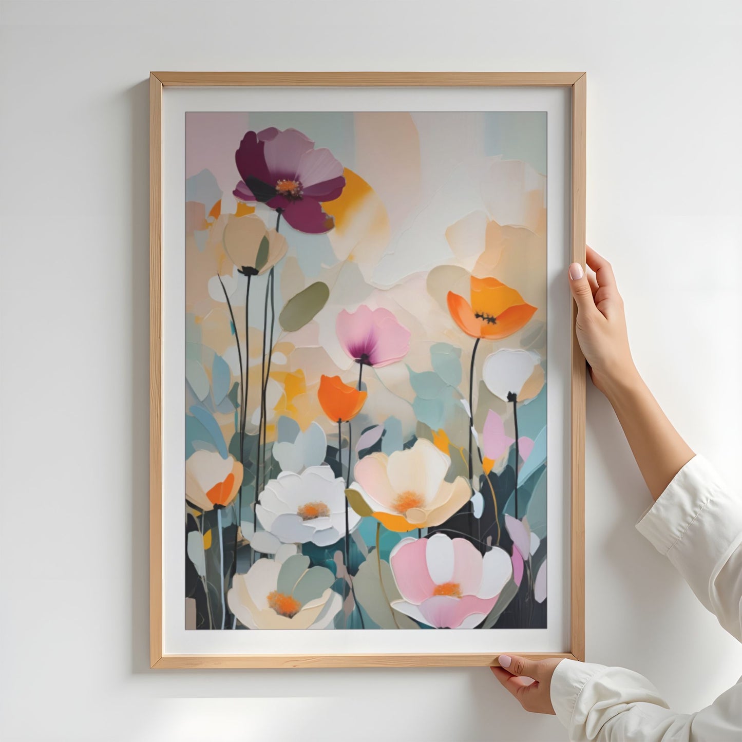 Innrammet Flower Party No5 med elegante blomster i rosa, krem og aprikos