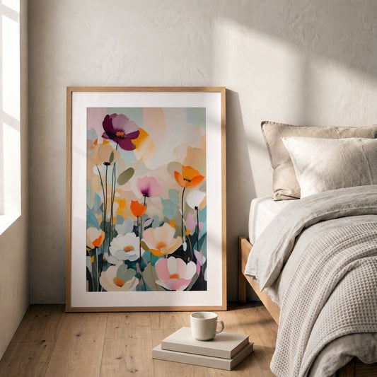 Flower Party No5 som dekorativ blomsterplakat ved seng i lyst soverom