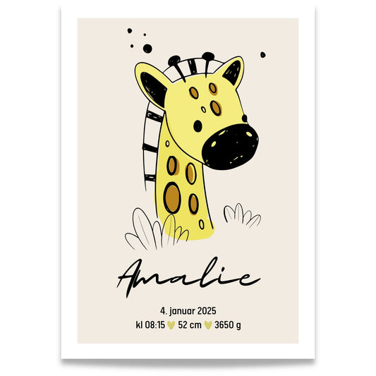 Personlig fødselsplakat med giraff og navn i nordisk design