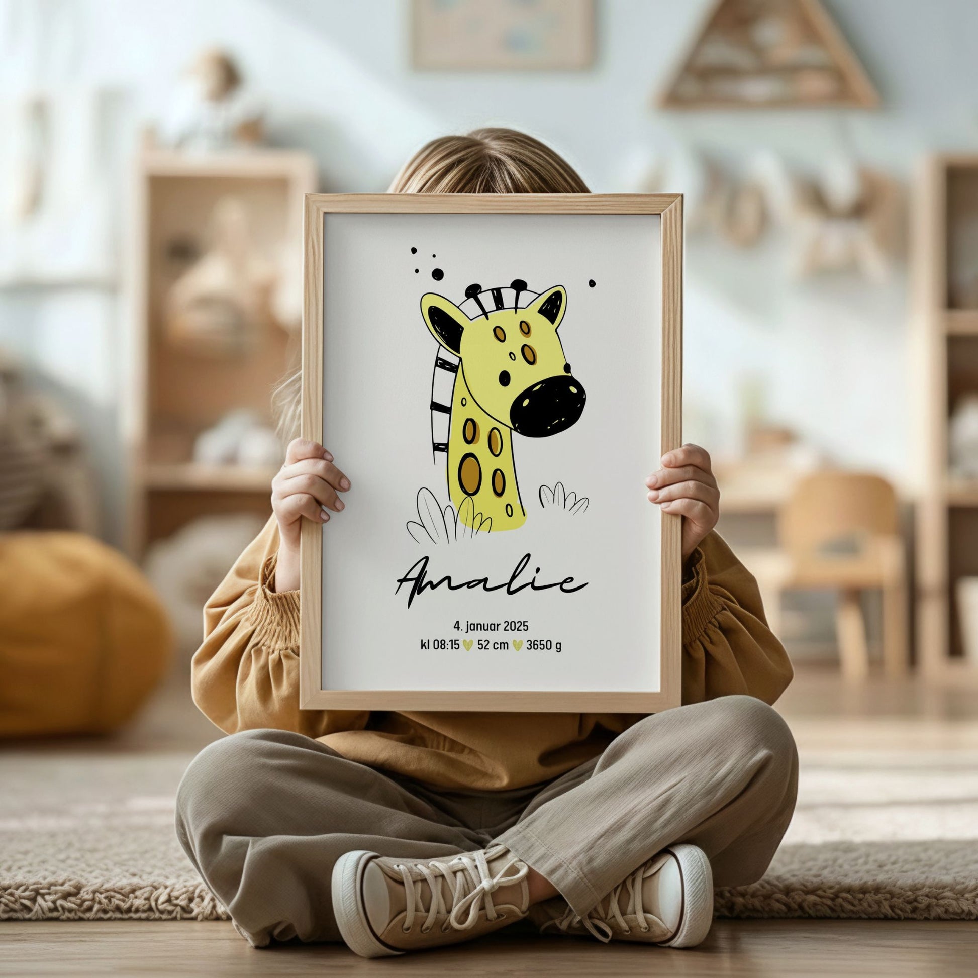 Barn holder personlig plakat med giraff