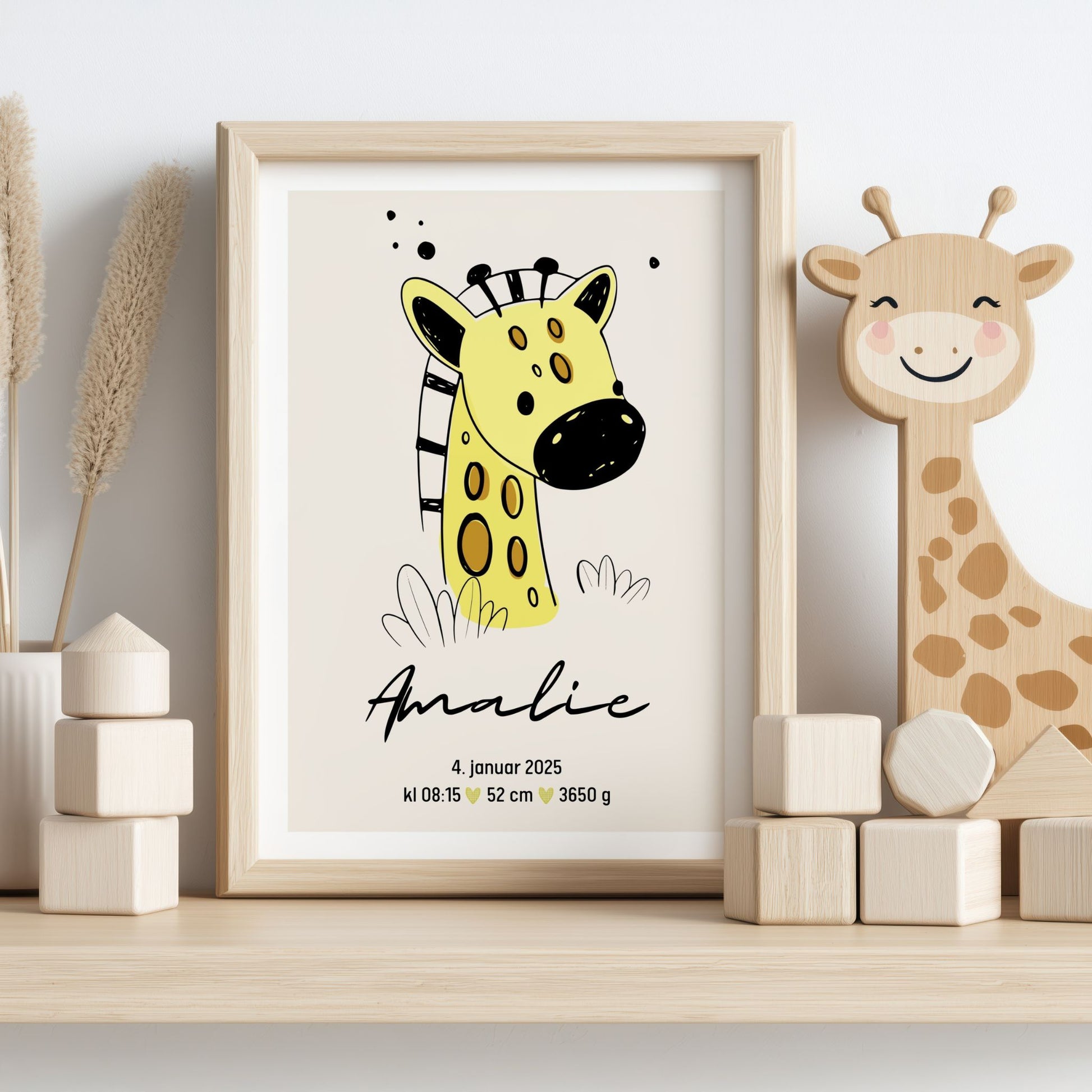 Babyplakat med giraff i varmt og mykt uttrykk