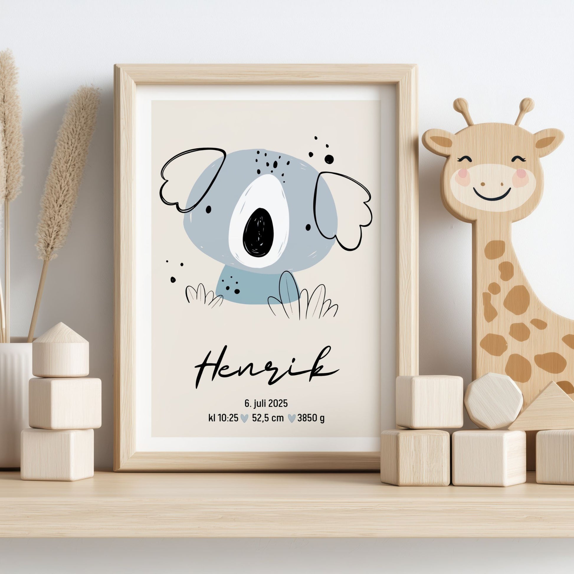 Koala babyplakat med fødselsdetaljer