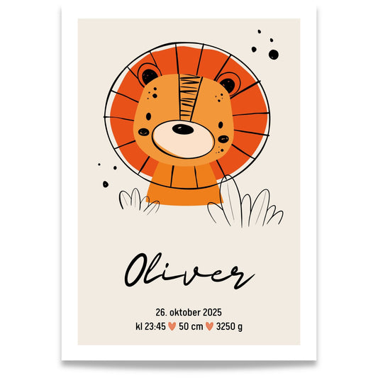 Personlig fødselsplakat med løve og navn i varm nordisk stil