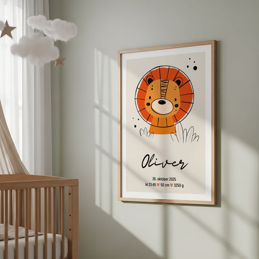 Fødselsplakat med løve til barnerom