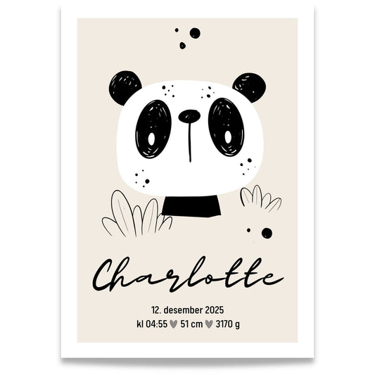 Personlig fødselsplakat med panda og navn