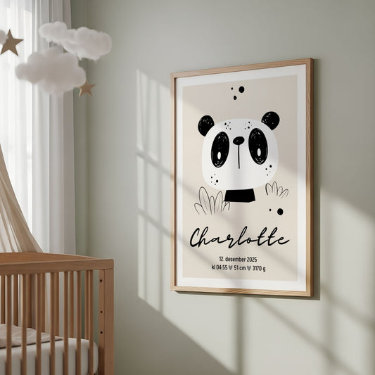 Fødselsplakat med panda i minimalistisk nordisk stil