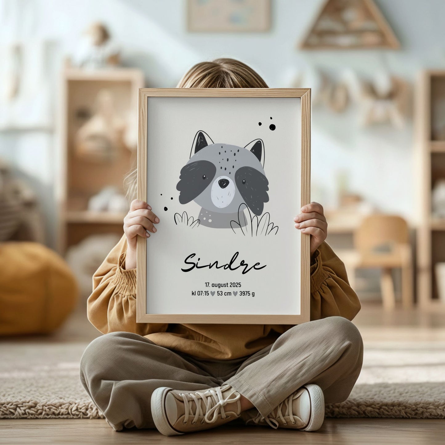 Barn holder fødselsplakat med vaskebjørn og navn