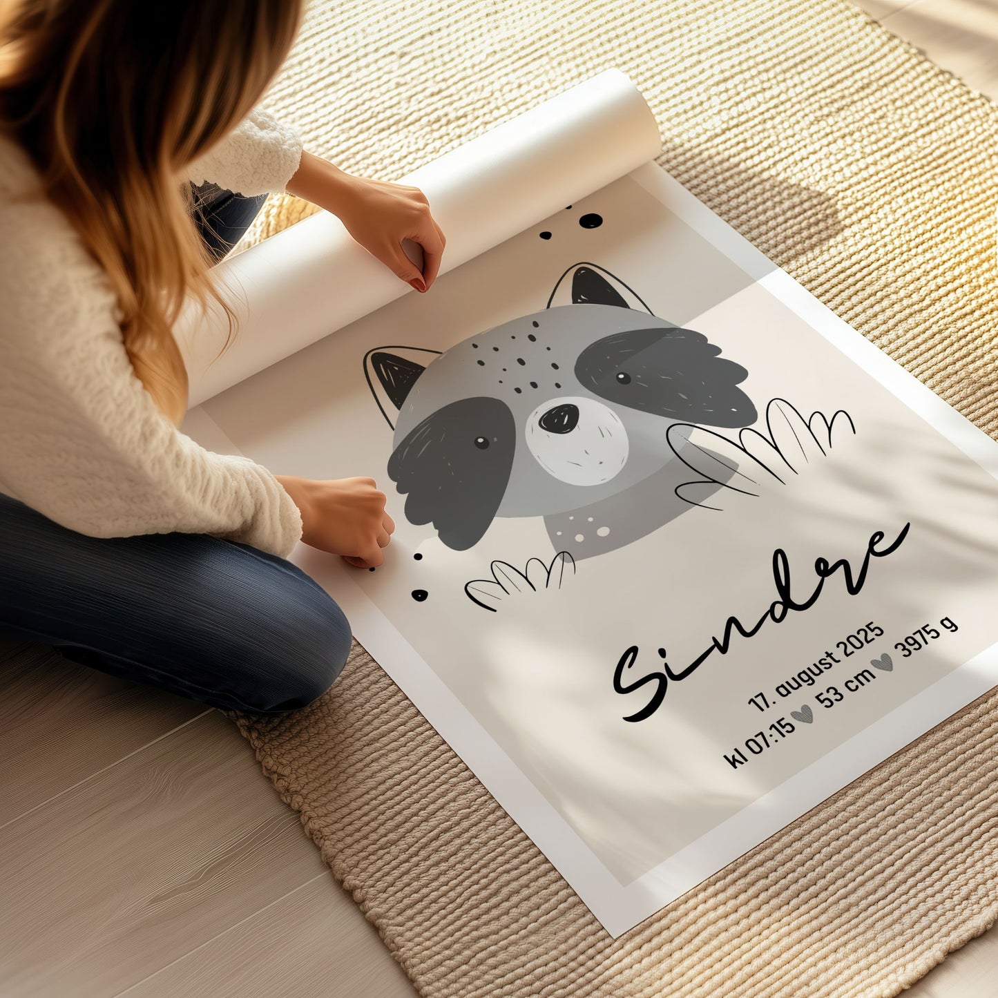 Søt vaskebjørn plakat med fødselsdetaljer