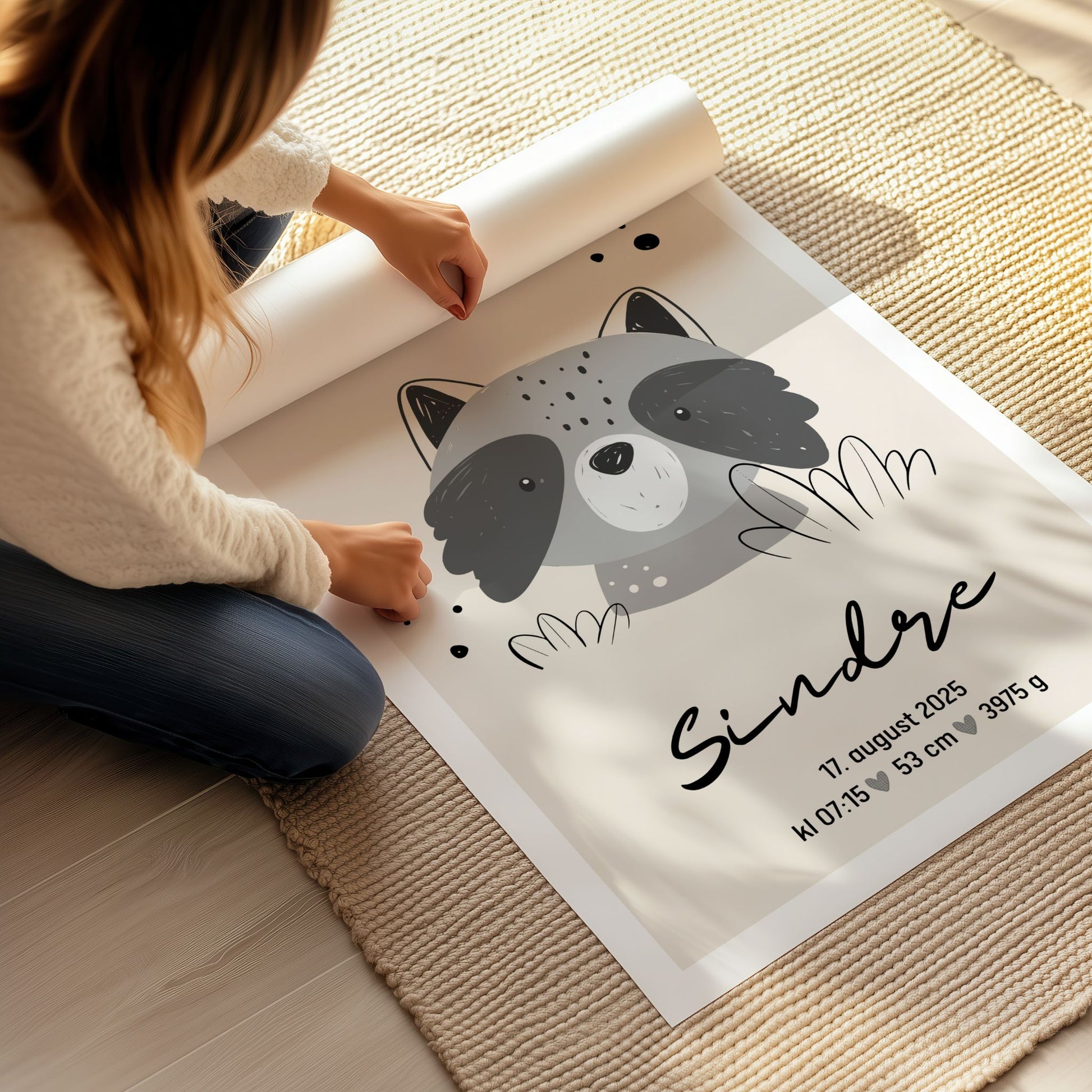 Søt vaskebjørn plakat med fødselsdetaljer