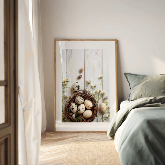 Plakat med fuglerede og egg lent mot vegg i lyst nordisk soverom