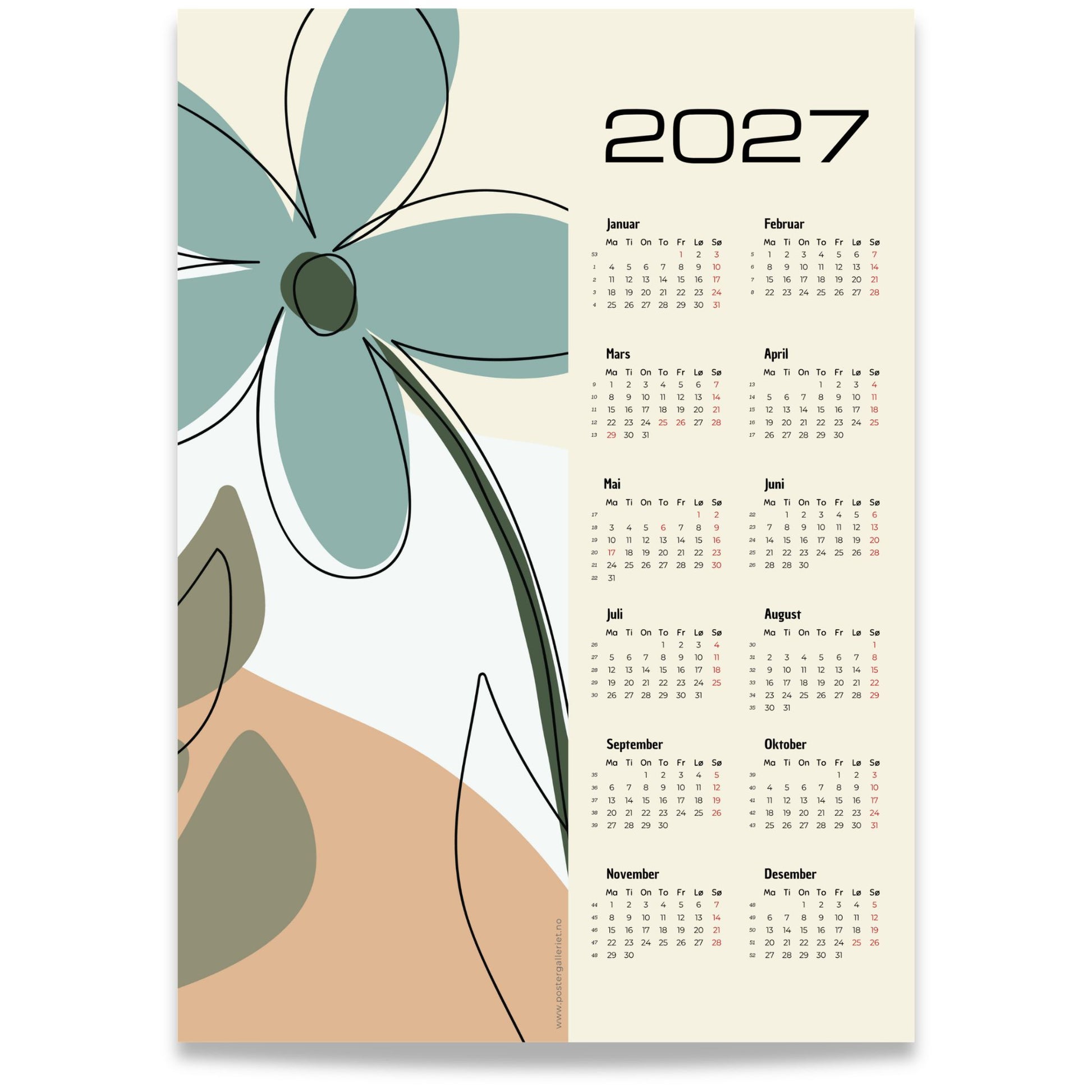 Funky Line Flora grafisk veggkalender 2027 med stilisert blomstermotiv i blågrønne toner