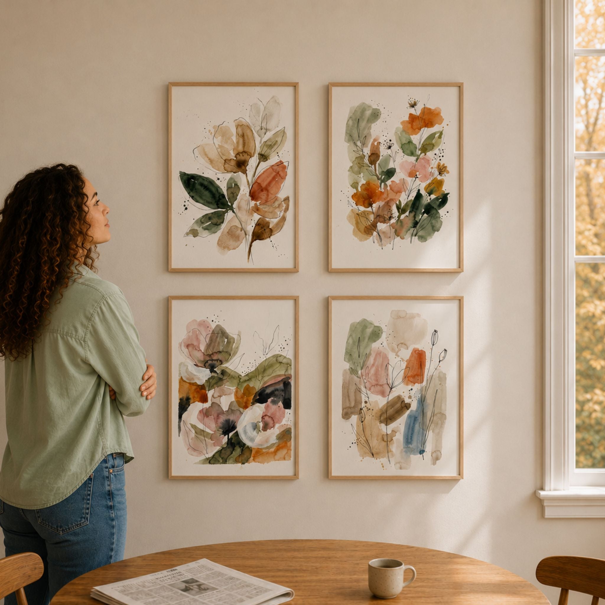 Gallerivegg med fire botaniske akvarellplakater i lyse trerammer i nordisk interiør