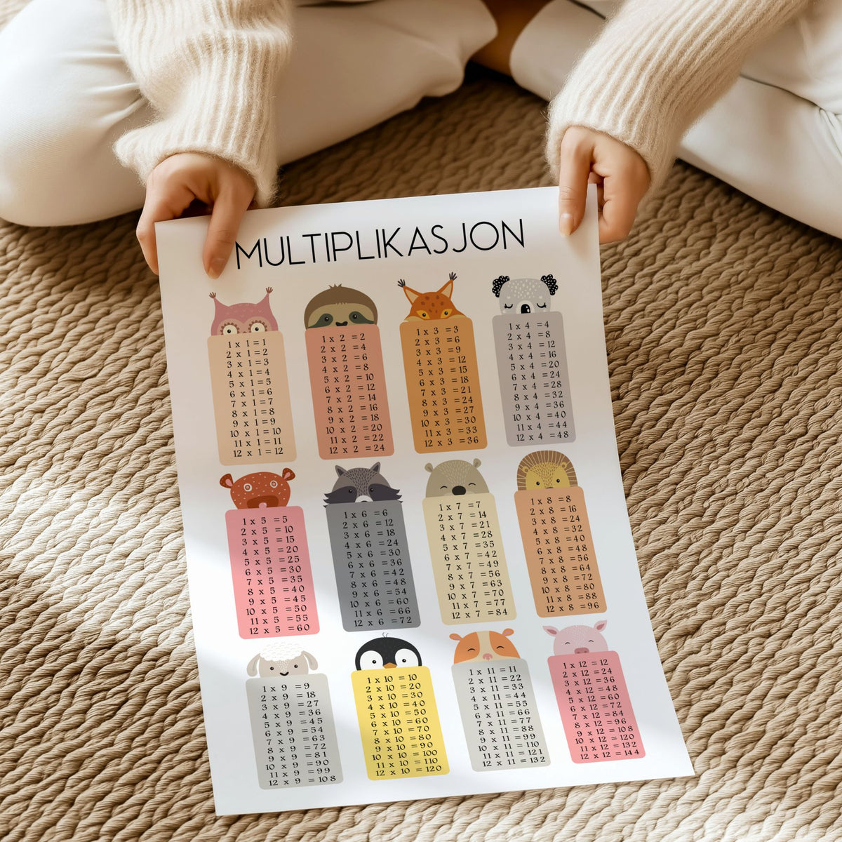 Barn holder en læringsplakat med gangetabellene fra 1 til 12 og søte dyremotiver over et beige strikket teppe.