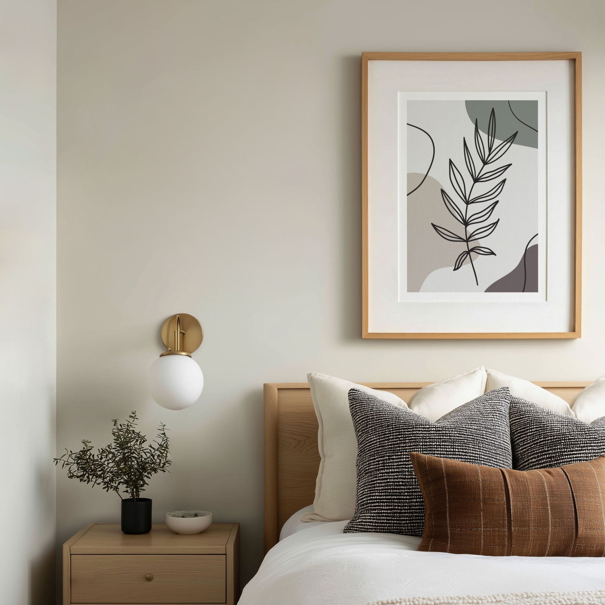 Gentle Branch grafisk plakat med bladmotiv i lyst moderne soverom