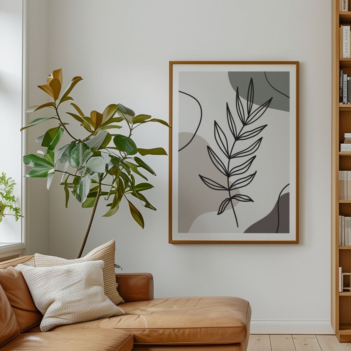 Gentle Branch botanisk plakat i eikeramme i stue med varme naturtoner