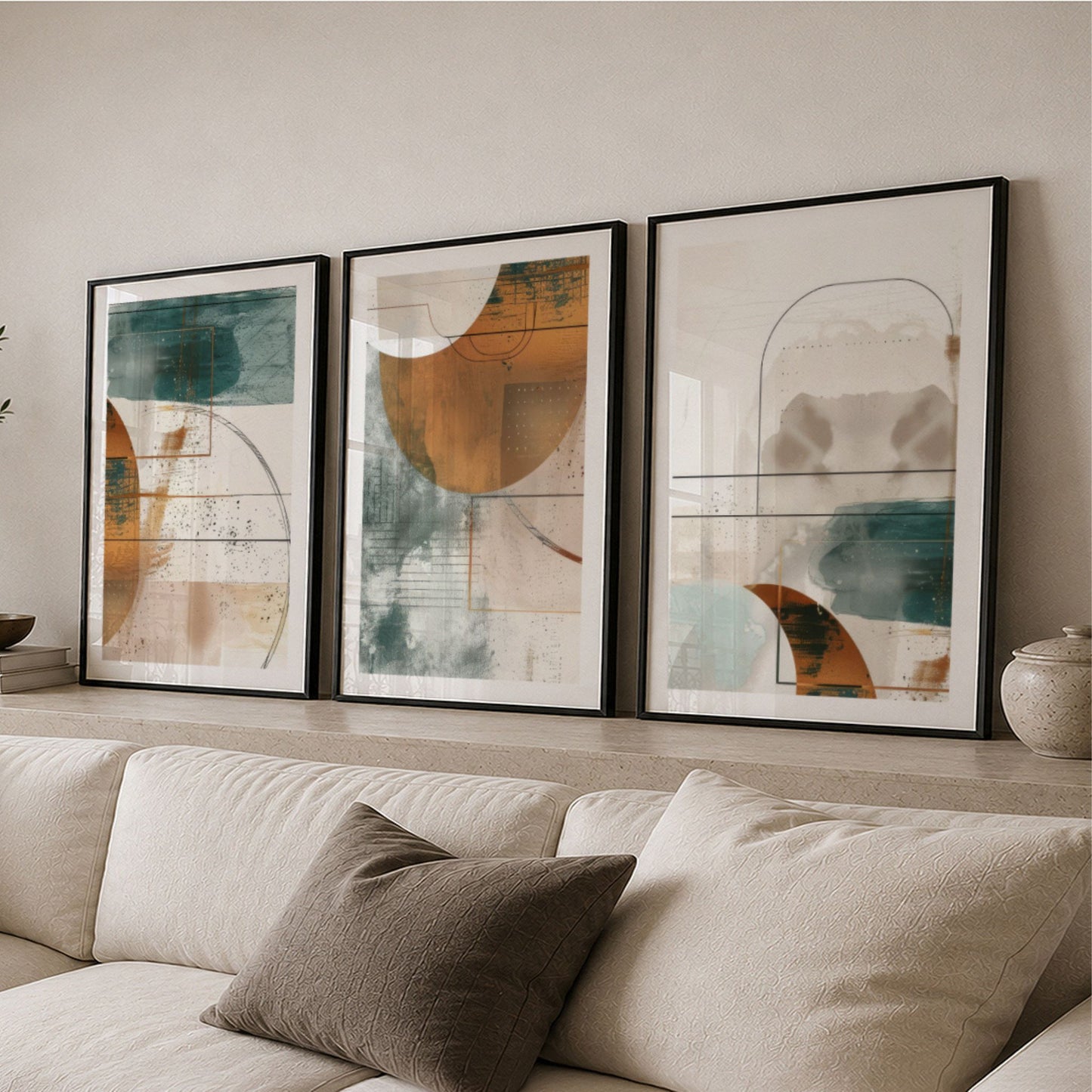 Geometric Harmony Collection som harmonisk bildevegg over sofa i nordisk stue