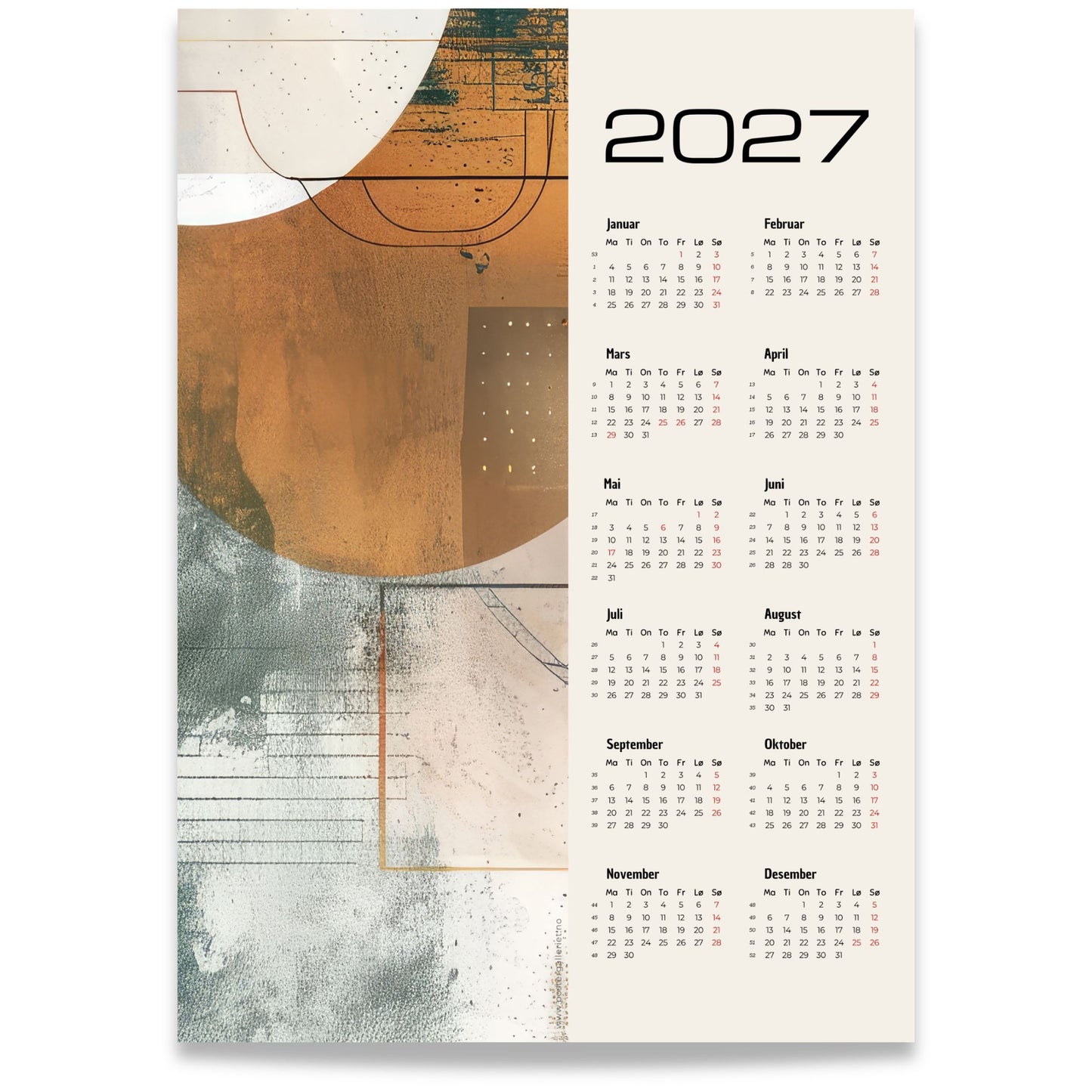 Geometric Harmony grafisk veggkalender 2027 med geometriske former i blågrønt, rust og oker