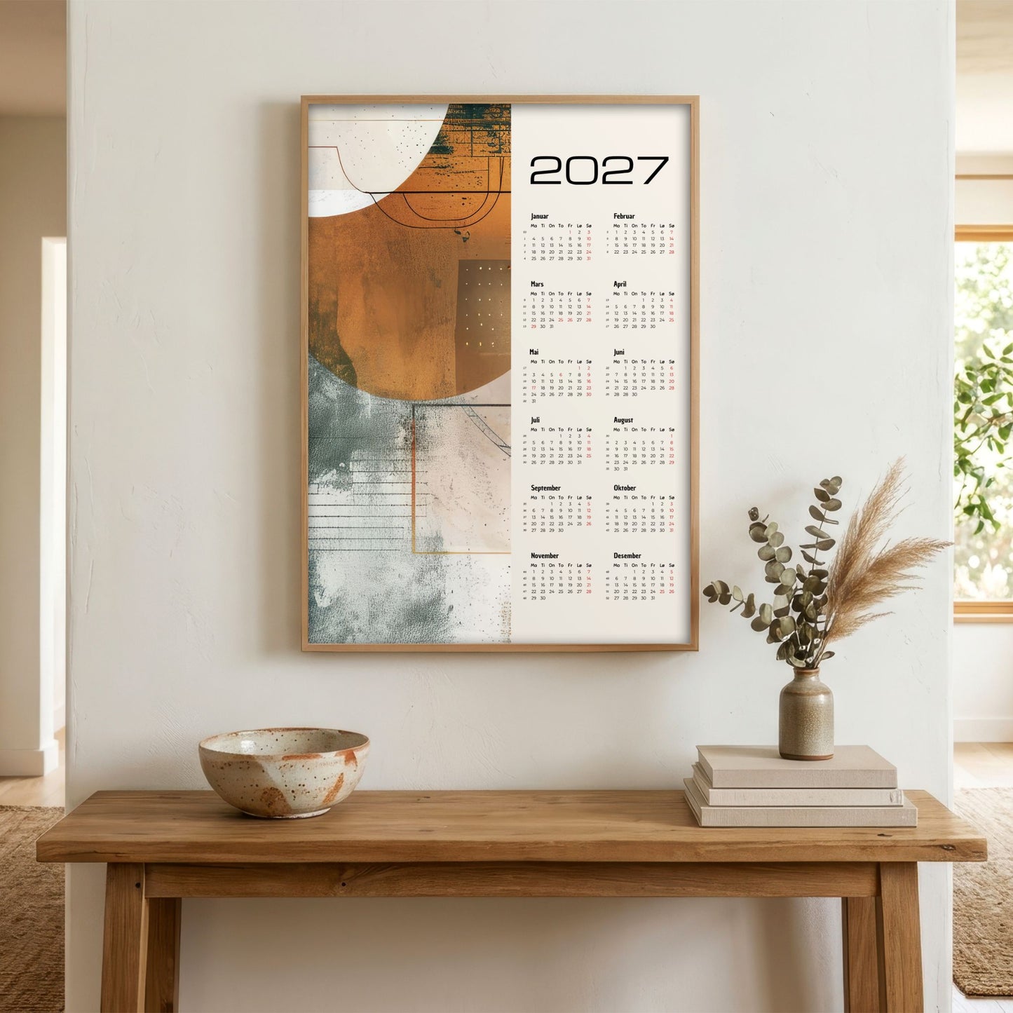 Geometric Harmony grafisk veggkalender 2027 vist i lyst interiør