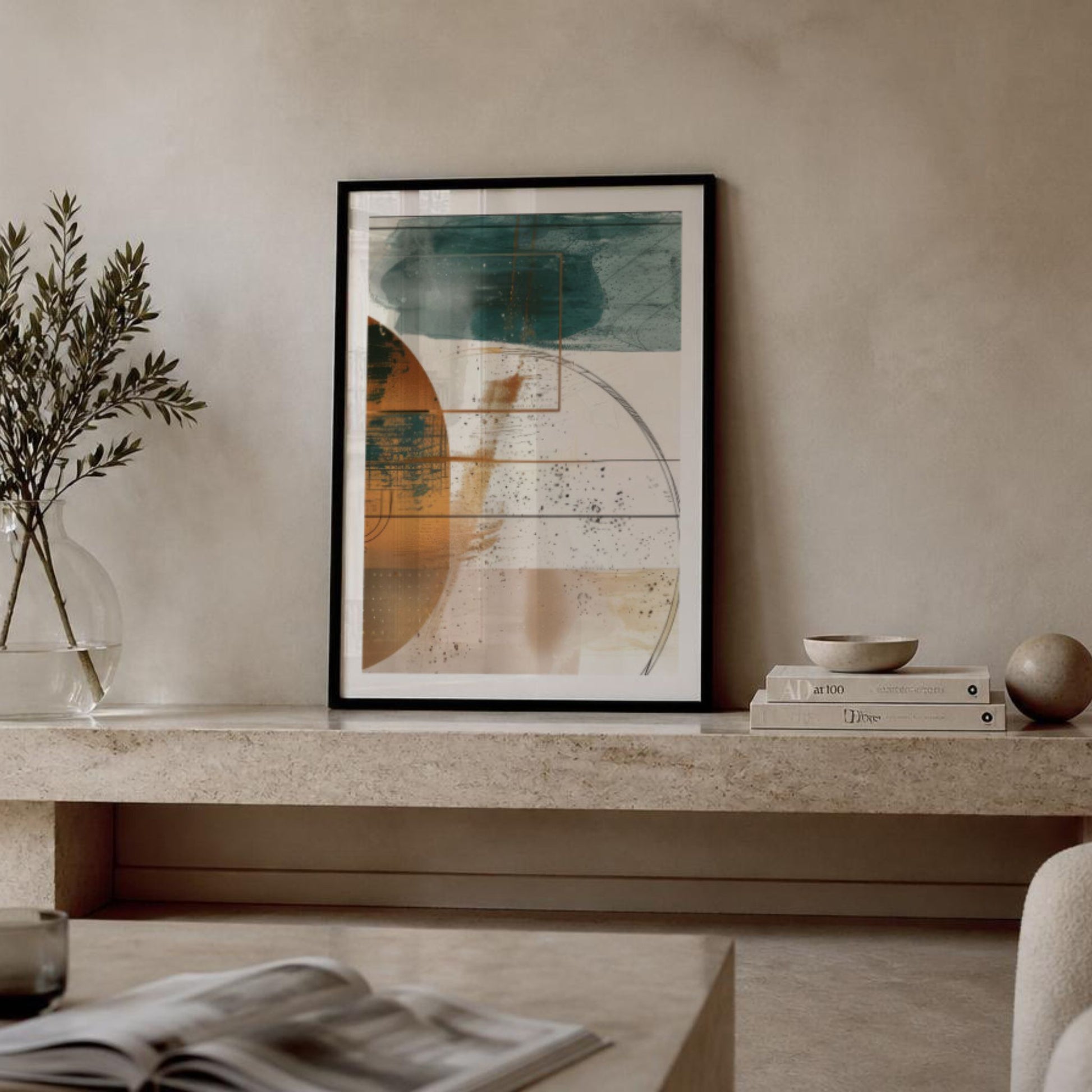 Geometric Harmony No1 plakat stylet på hylle i moderne nordisk interiør