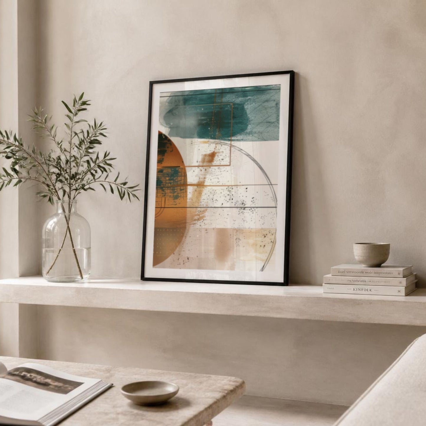 Geometric Harmony No1 geometrisk kunstplakat i stilrent og minimalistisk interiør