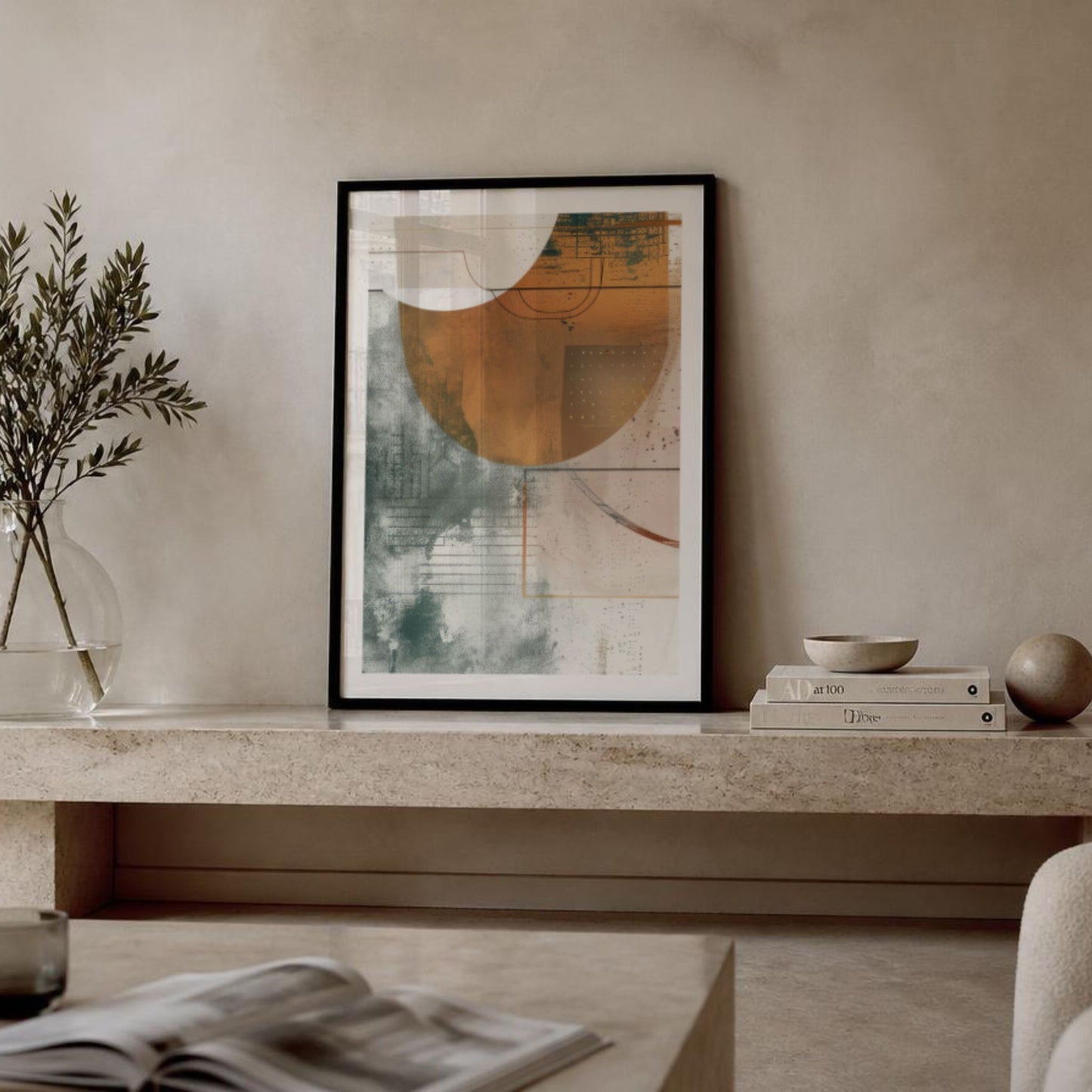 Geometric Harmony No2 abstrakt plakat stylet på hylle i minimalistisk interiør