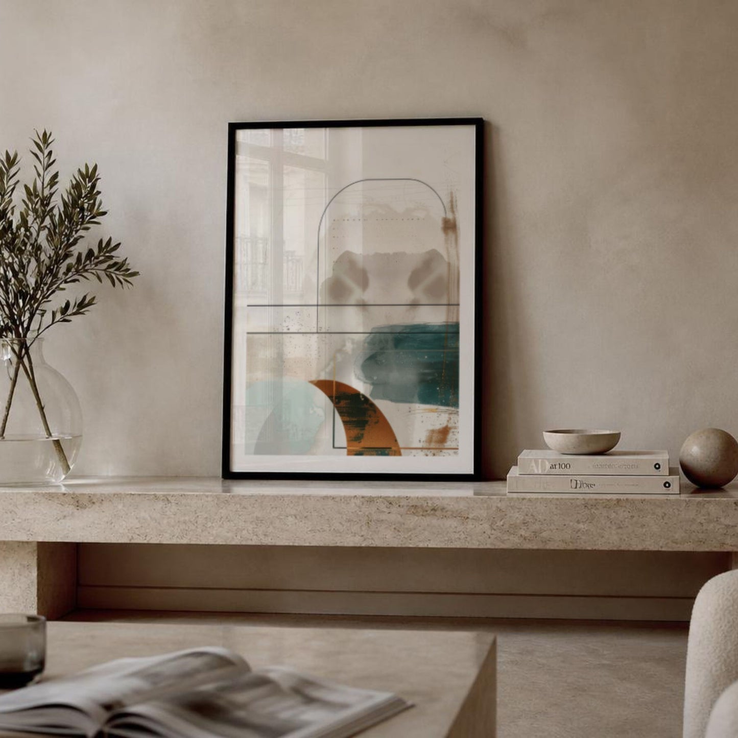 Geometric Harmony No3 abstrakt plakat stylet på hylle i minimalistisk interiør