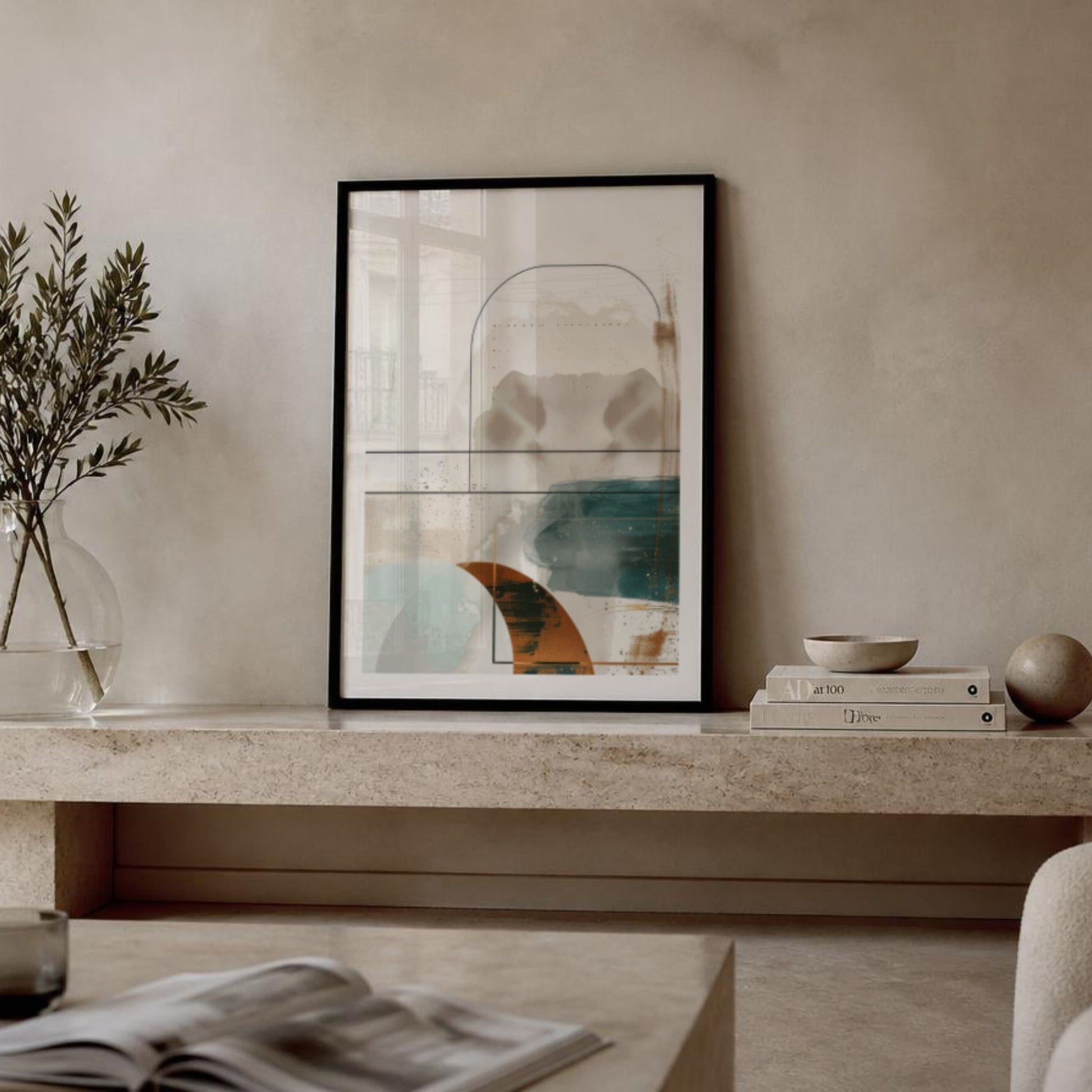 Geometric Harmony No3 abstrakt plakat stylet på hylle i minimalistisk interiør