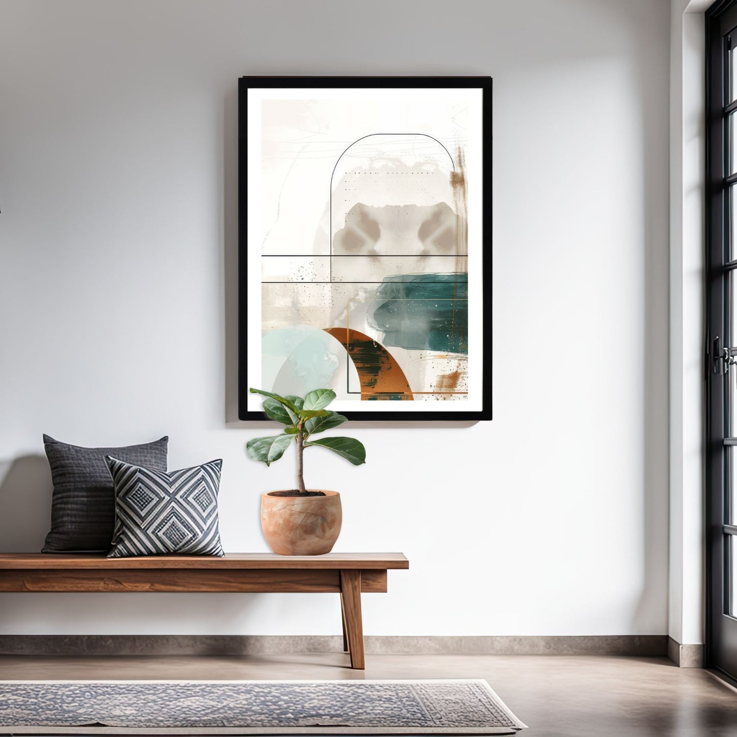 Geometric Harmony No3 moderne geometrisk plakat på vegg i skandinavisk hjem