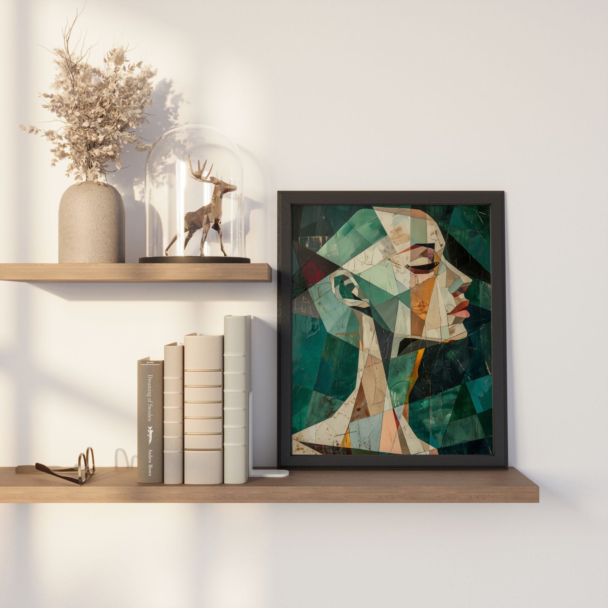 Abstrakt geometrisk portrettplakat i grønne og jordfargede toner – Geometric Muse. Illustrasjon viser plakat uten hvit kantlinje i sort ramme.