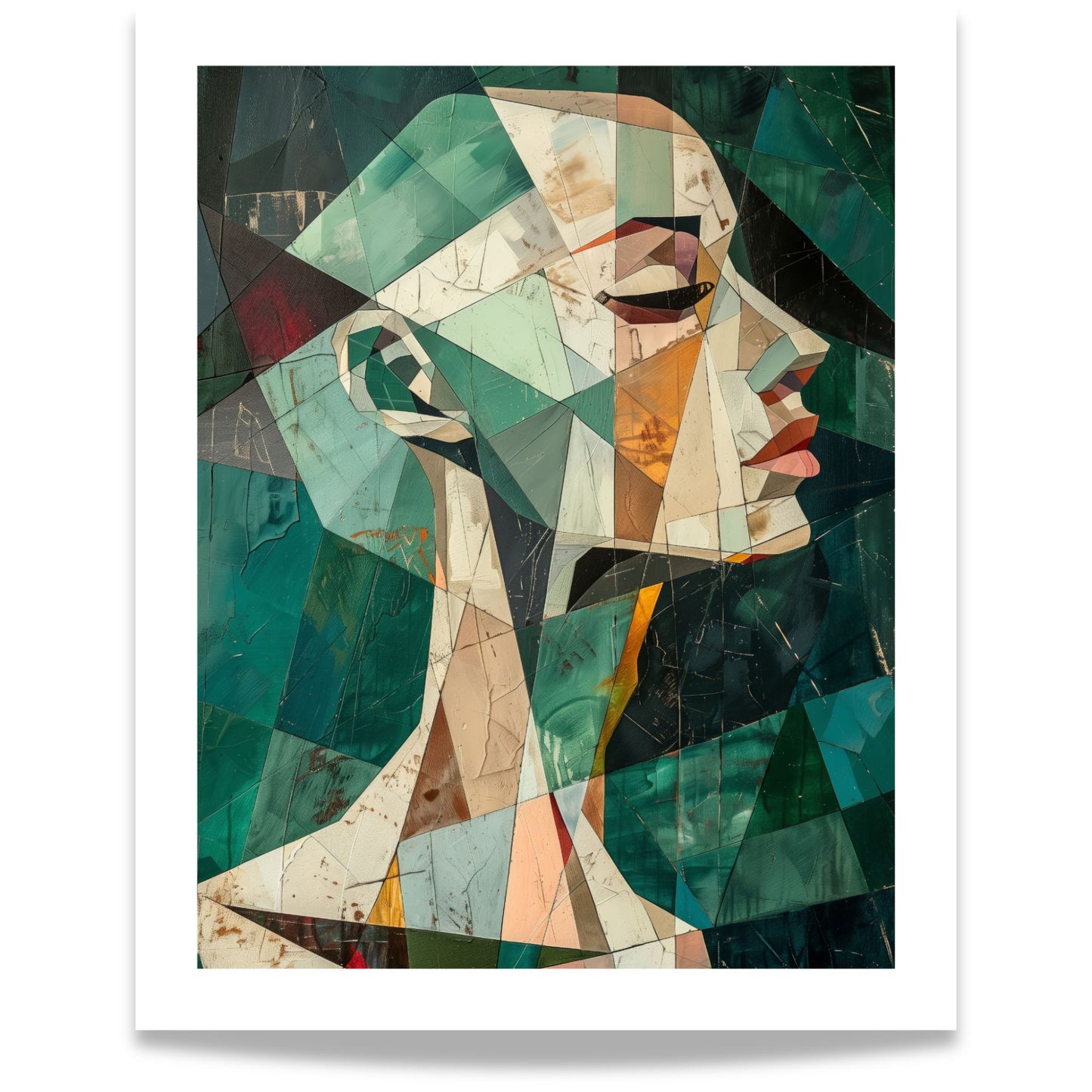 Abstrakt geometrisk portrettplakat i grønne og jordfargede toner – Geometric Muse. 40x50 med hvit kantlinje.