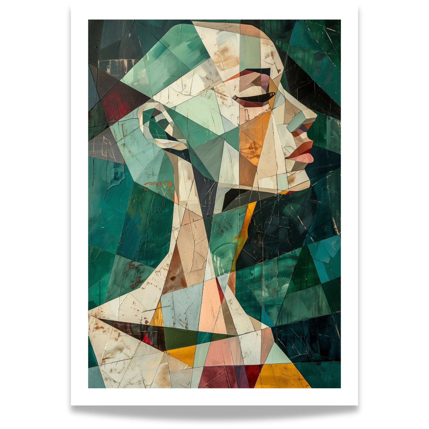 Abstrakt geometrisk portrettplakat i grønne og jordfargede toner – Geometric Muse. 50x70 med hvit kantlinje.