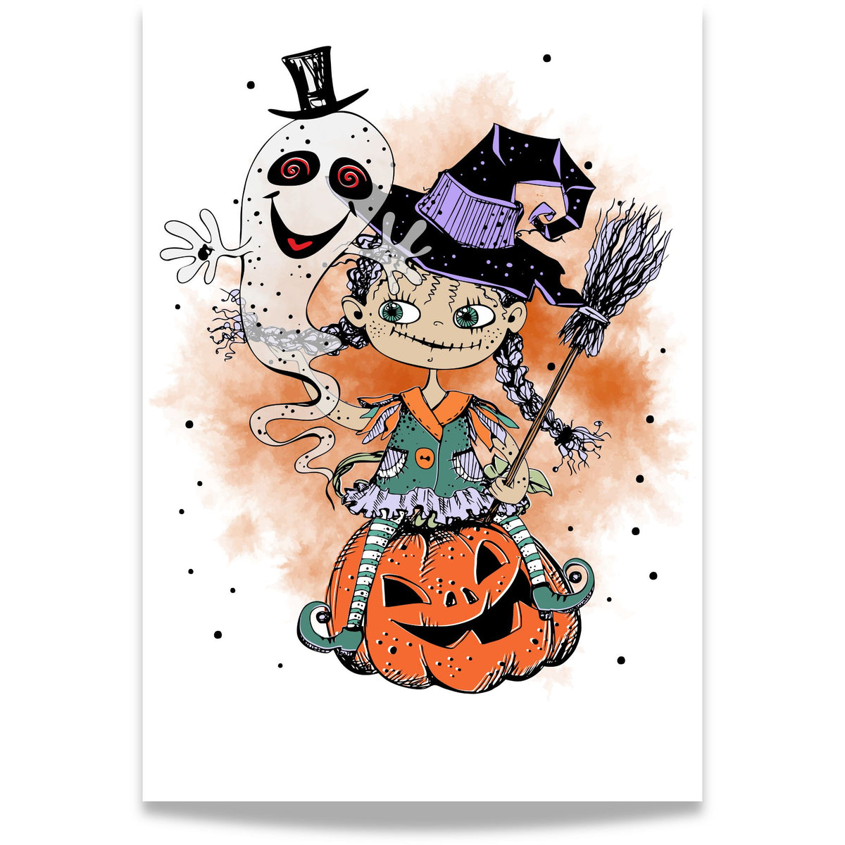 Ghostly Company Halloween-plakat med heks, spøkelse, gresskar og sopelime