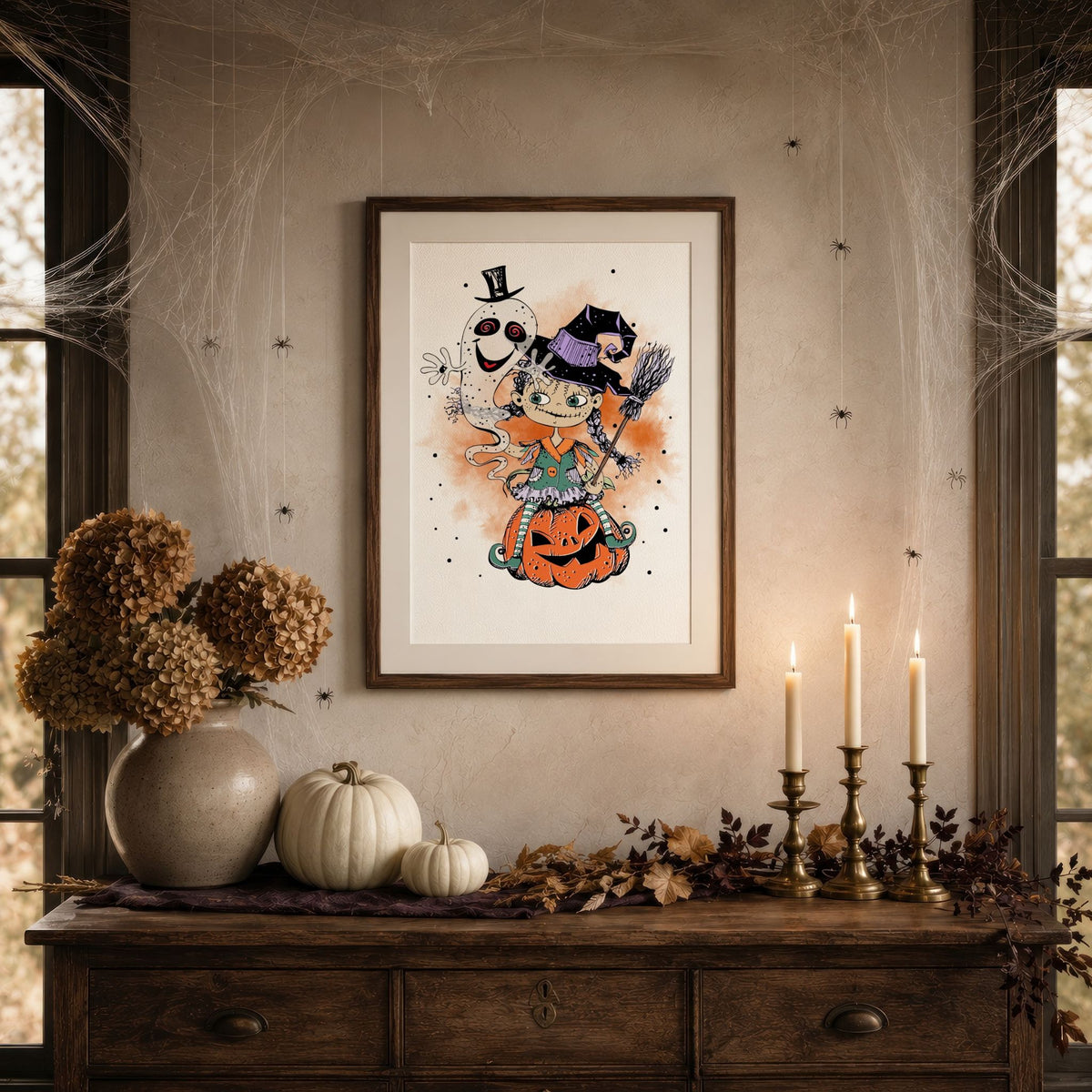 Ghostly Company Halloween-plakat i stemningsfullt høstinteriør med gresskar og levende lys